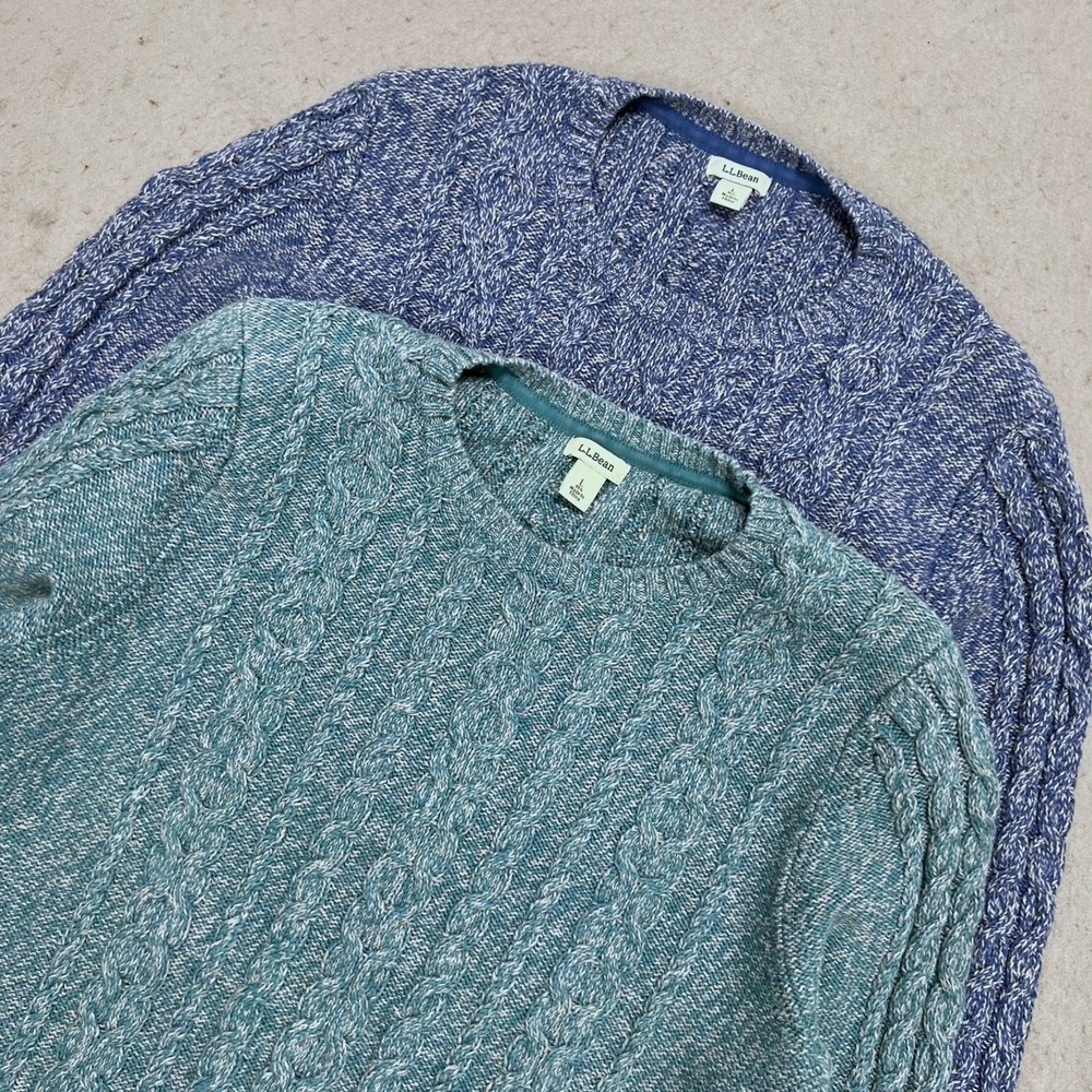 LL Bean Mens Large Cable Knit Cotton Crewneck Sweater Teal Blue Marl Cozy Comfy